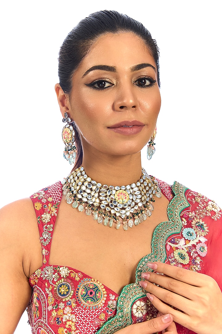 Gold Finish Kundan Polki & Mirror Stone Choker Necklace Set by Aura Trends at Pernia's Pop Up Shop