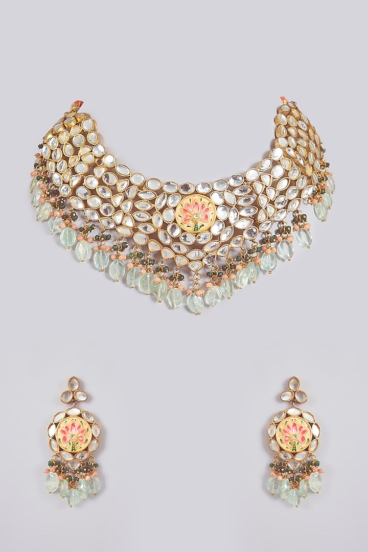 Gold Finish Kundan Polki & Mirror Stone Choker Necklace Set by Aura Trends at Pernia's Pop Up Shop