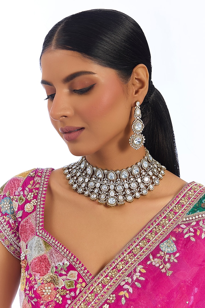 Gold Finish Kundan Polki & Mirror Stone Choker Necklace Set by Aura Trends at Pernia's Pop Up Shop
