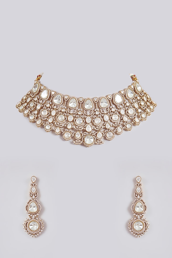 Gold Finish Kundan Polki & Mirror Stone Choker Necklace Set by Aura Trends at Pernia's Pop Up Shop