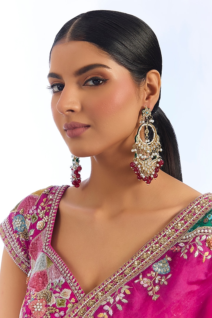 Gold Finish Kundan Polki & Maroon Beaded Chandbali Earrings by Aura Trends at Pernia's Pop Up Shop