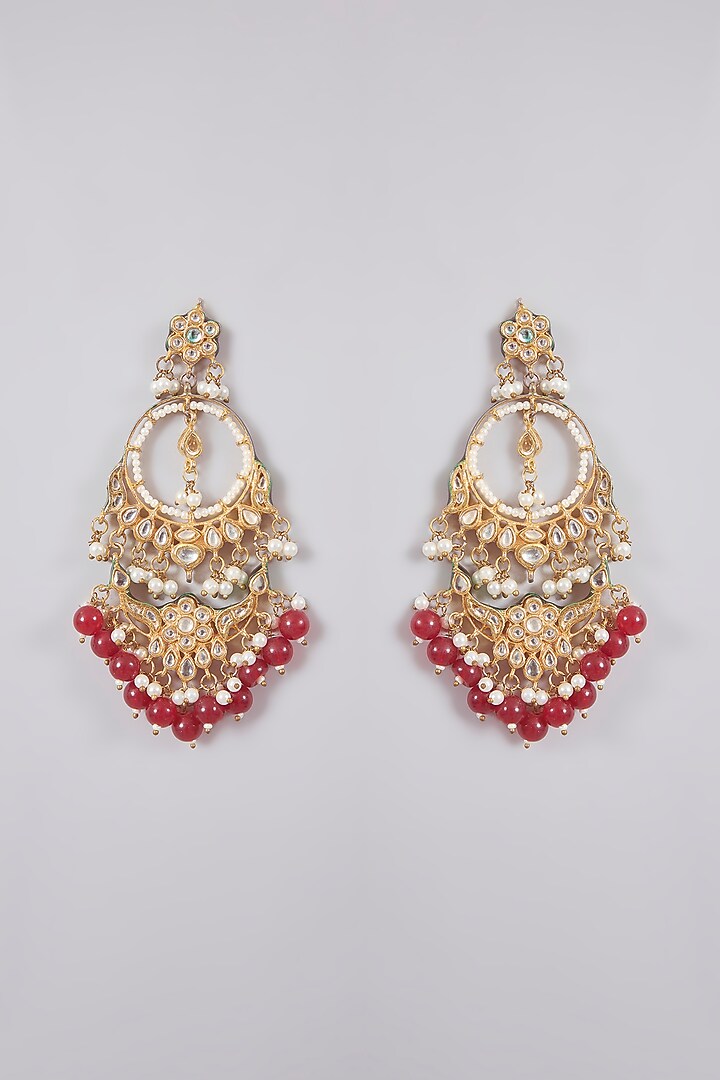 Gold Finish Kundan Polki & Maroon Beaded Chandbali Earrings by Aura Trends at Pernia's Pop Up Shop