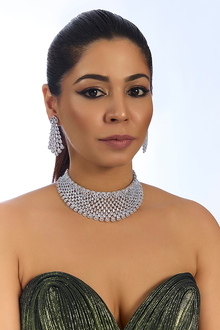Silver Finish Crystal Choker Necklace Set by Auraa Trends at Pernia's Pop Up Shop