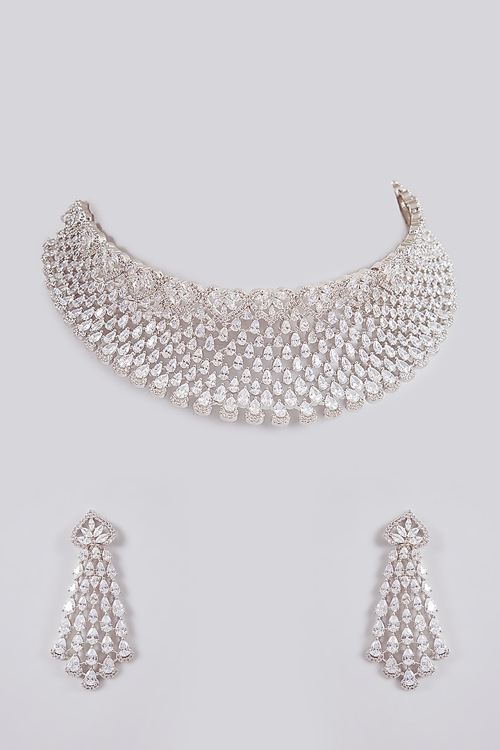 Silver Finish Crystal Choker Necklace Set by Aura Trends at Pernia's Pop Up Shop