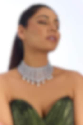 Silver Finish Crystal & Pearl Choker Necklace Set by Auraa Trends at Pernia's Pop Up Shop