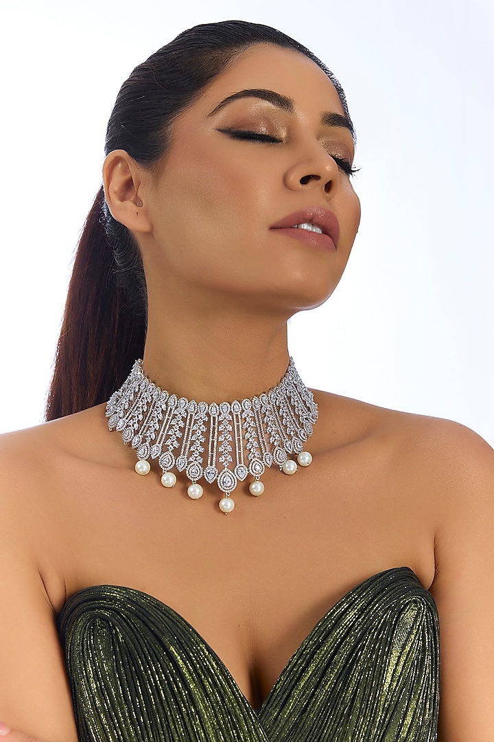 Silver Finish Crystal & Pearl Choker Necklace Set by Auraa Trends at Pernia's Pop Up Shop