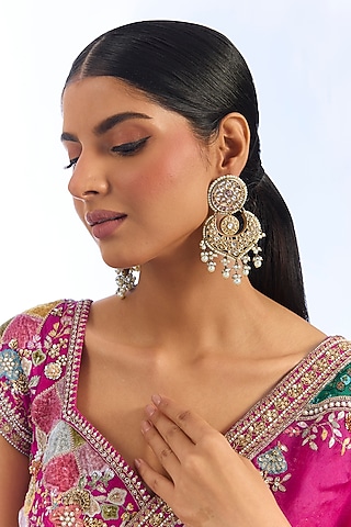 Gold Finish Kundan Polki & Pearl Drop Chandbali Earrings by Aura Trends