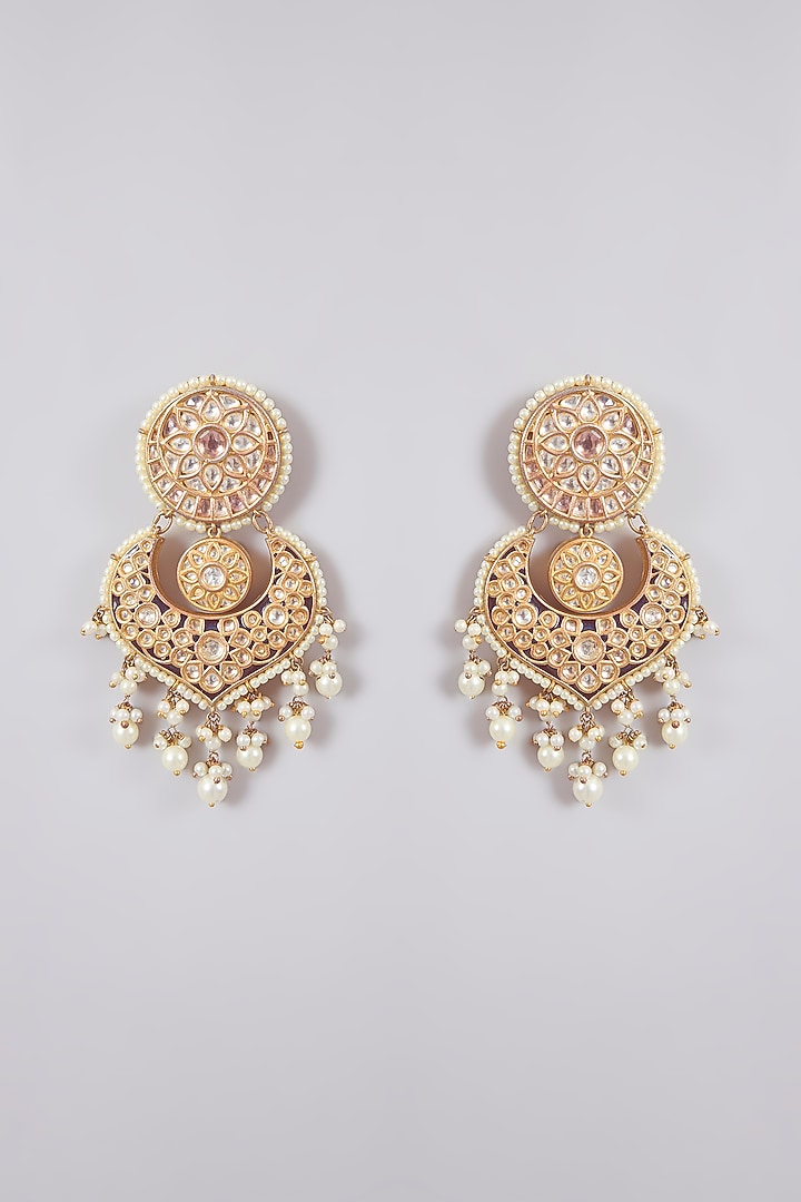 Gold Finish Kundan Polki & Pearl Drop Chandbali Earrings by Aura Trends at Pernia's Pop Up Shop