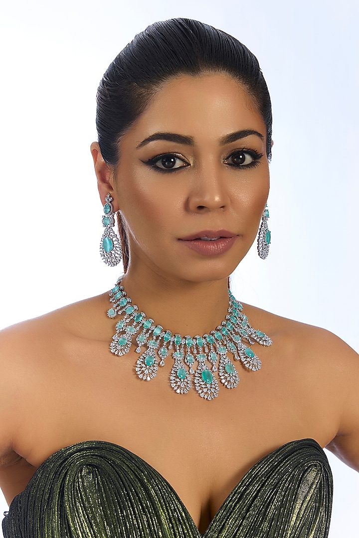 Silver Finish Crystal & Blue Stone Necklace Set by Auraa Trends at Pernia's Pop Up Shop