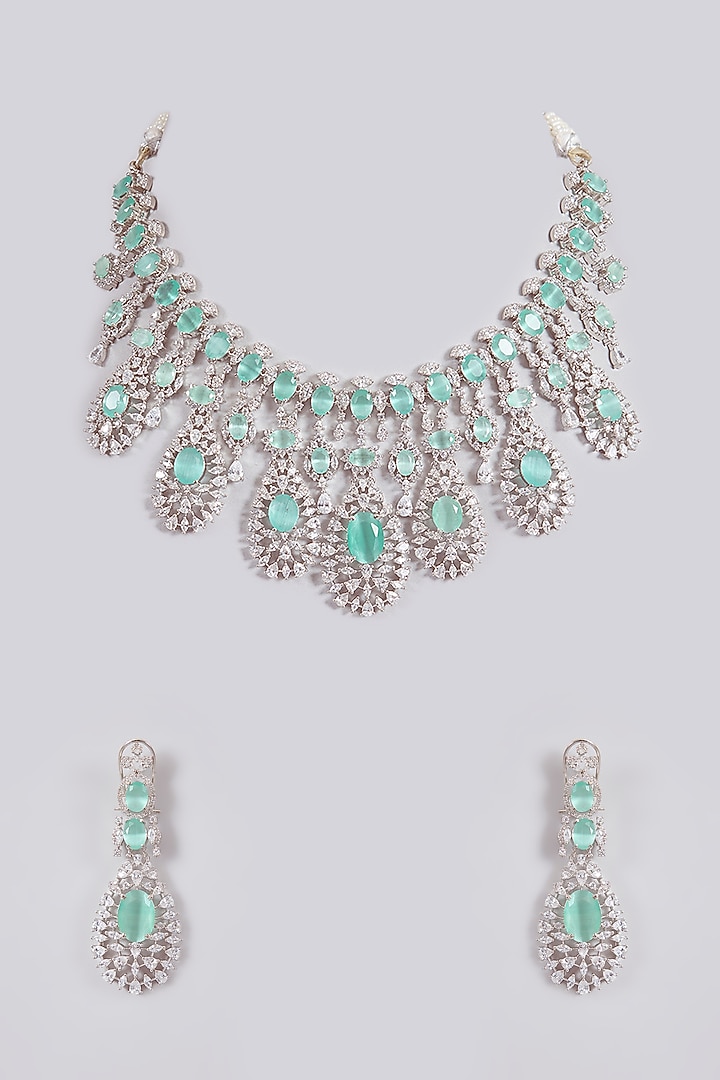 Silver Finish Crystal & Blue Stone Necklace Set by Aura Trends at Pernia's Pop Up Shop