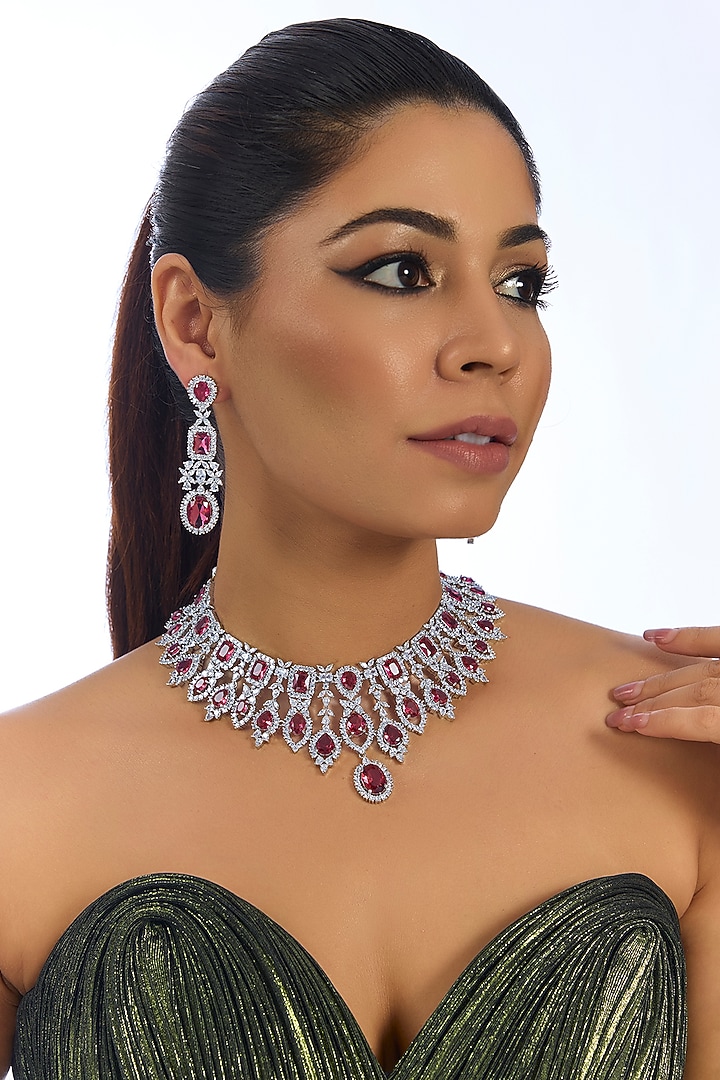 Silver Finish Crystal & Red Stone Necklace Set by Auraa Trends at Pernia's Pop Up Shop