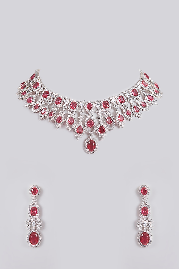 Silver Finish Crystal & Red Stone Necklace Set by Aura Trends at Pernia's Pop Up Shop