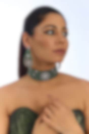 Green Stone Velvet Floral Choker Necklace Set by Auraa Trends at Pernia's Pop Up Shop