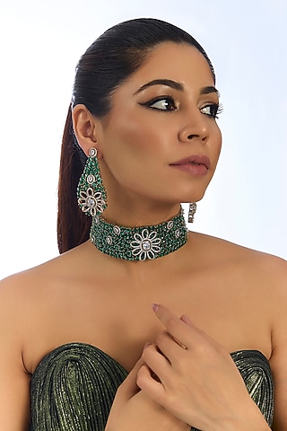 Green Stone Velvet Floral Choker Necklace Set by Aura Trends