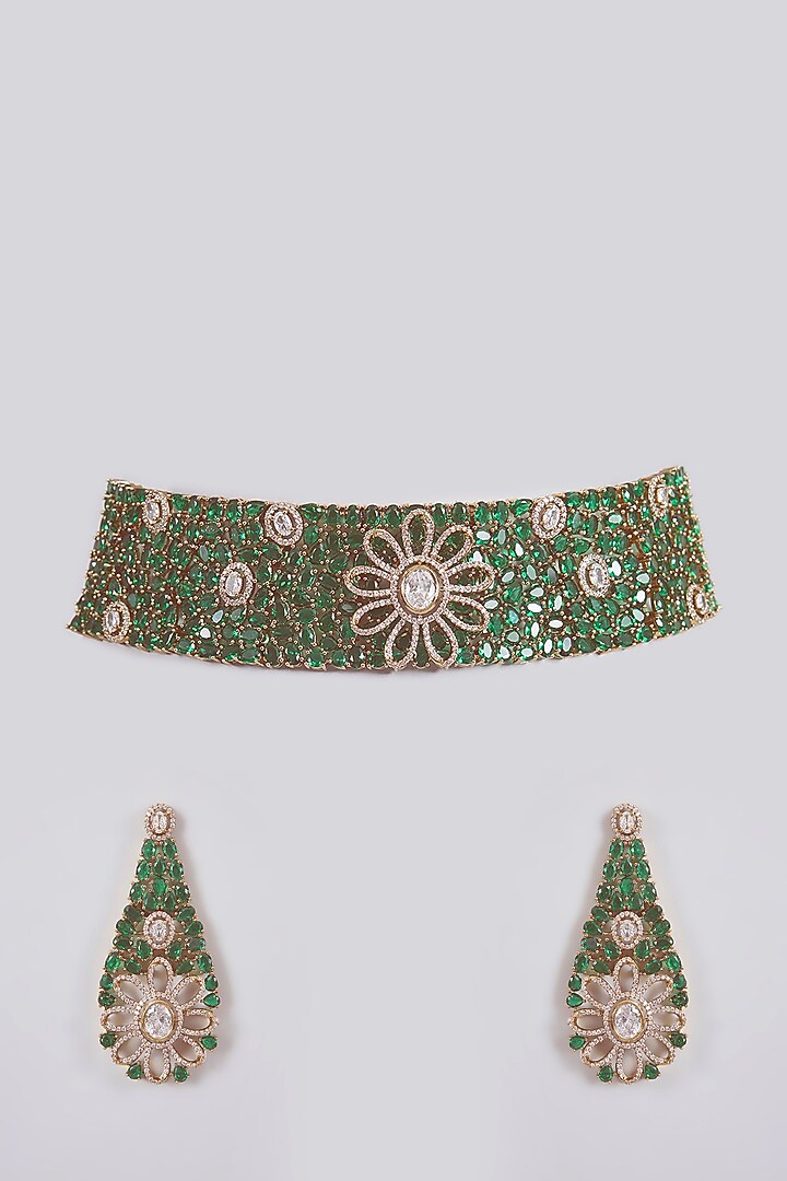 Green Stone Velvet Floral Choker Necklace Set by Aura Trends at Pernia's Pop Up Shop