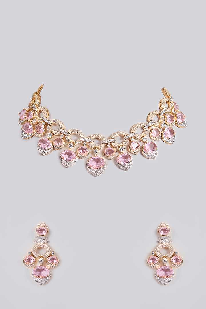 White Finish Light Pink Stone Choker Necklace Set by Aura Trends at Pernia's Pop Up Shop