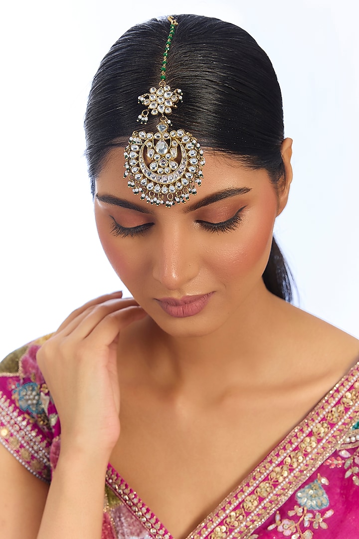 Gold Finish White Stone & Green Beaded Maangtikka by Aura Trends at Pernia's Pop Up Shop