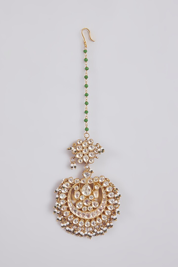 Gold Finish White Stone & Green Beaded Maangtikka by Aura Trends at Pernia's Pop Up Shop