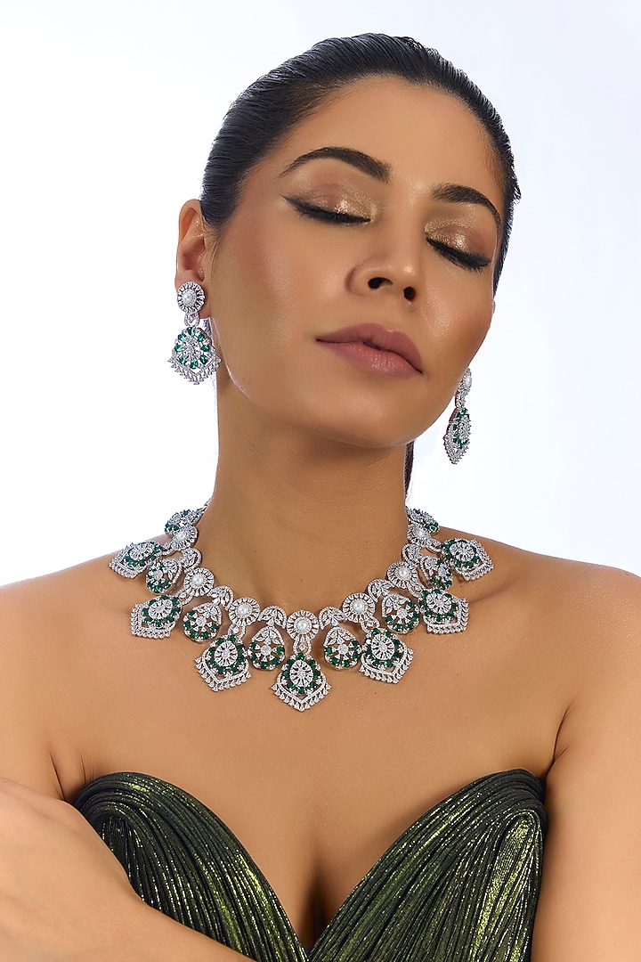 White Finish Green & White Stone Choker Necklace Set by Aura Trends at Pernia's Pop Up Shop