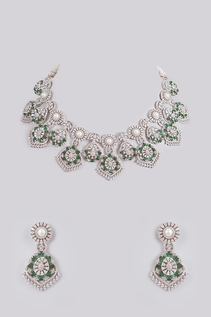 White Finish Green & White Stone Choker Necklace Set by Aura Trends at Pernia's Pop Up Shop