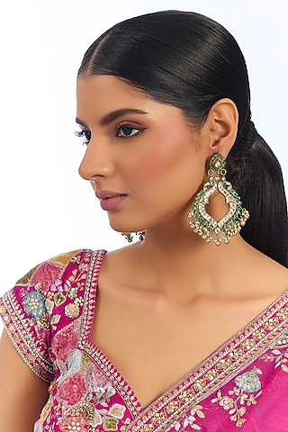 Gold Finish Kundan Polki & Green Stone Chandbali Earrings by Aura Trends