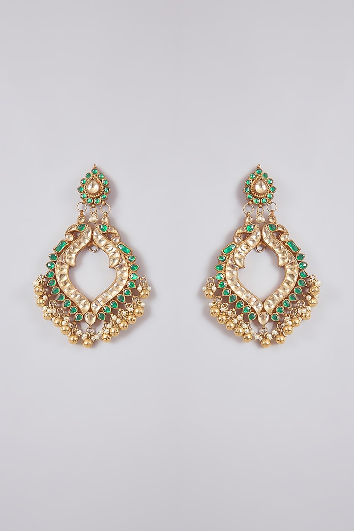 Gold Finish Kundan Polki & Green Stone Chandbali Earrings by Aura Trends at Pernia's Pop Up Shop