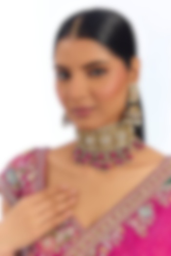 Gold Finish Kundan Polki & Red Beaded Choker Necklace Set by Auraa Trends at Pernia's Pop Up Shop