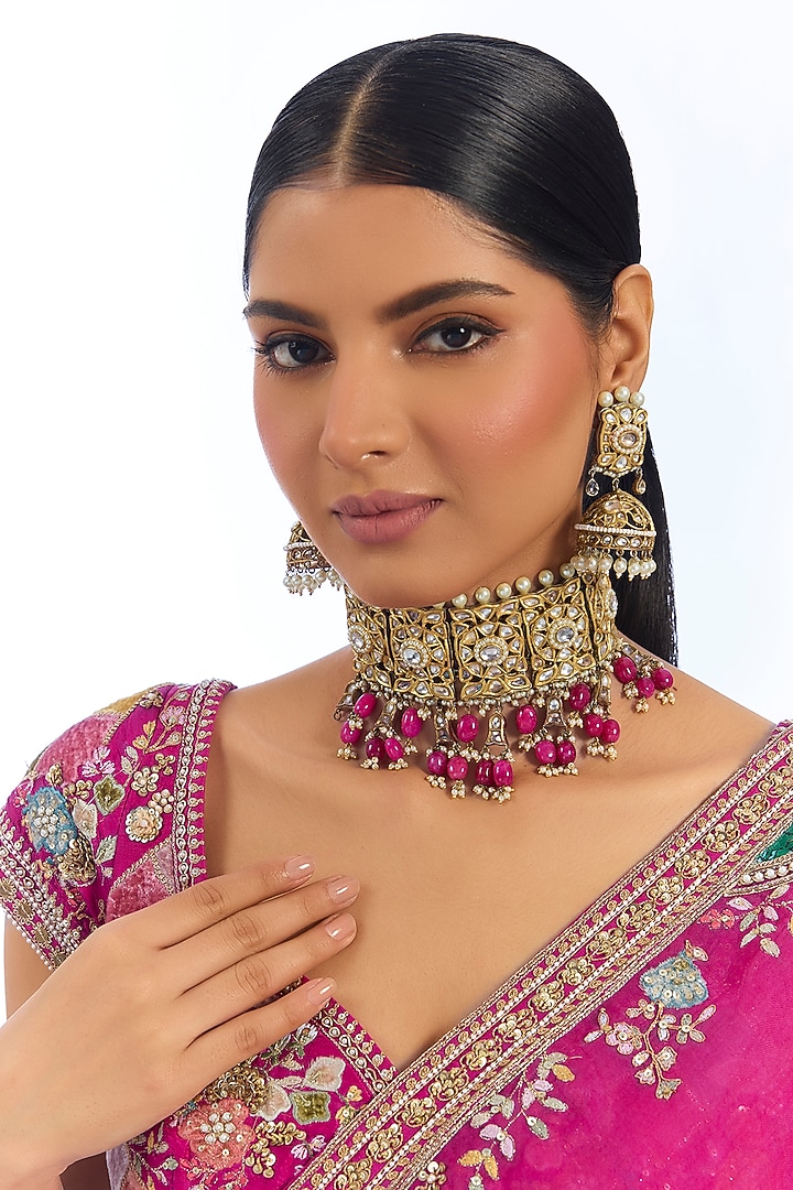 Gold Finish Kundan Polki & Red Beaded Choker Necklace Set by Auraa Trends at Pernia's Pop Up Shop