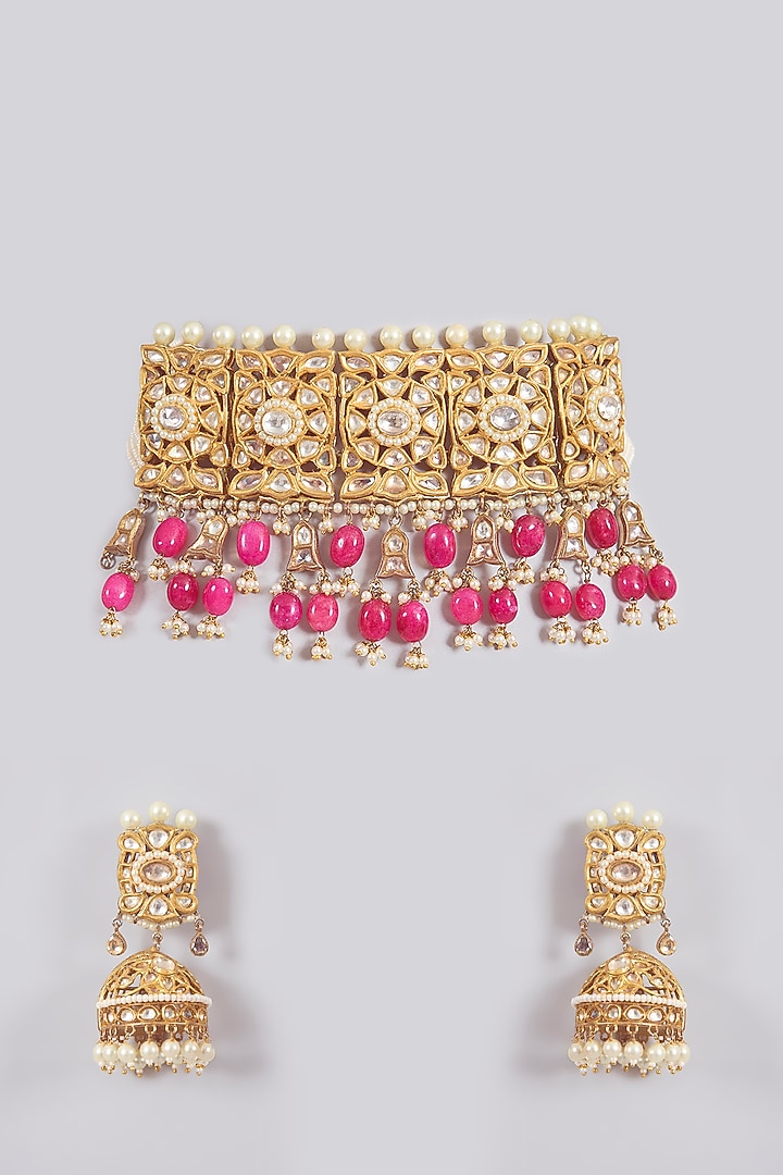 Gold Finish Kundan Polki & Red Beaded Choker Necklace Set by Aura Trends at Pernia's Pop Up Shop