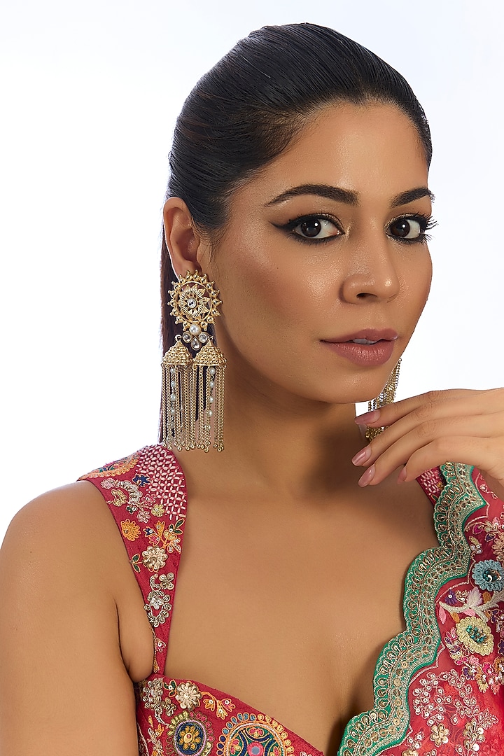 Gold Finish Kundan Polki Long Tassel Earrings by Auraa Trends at Pernia's Pop Up Shop