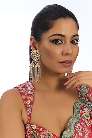 Gold Finish Kundan Polki Long Tassel Earrings by Aura Trends