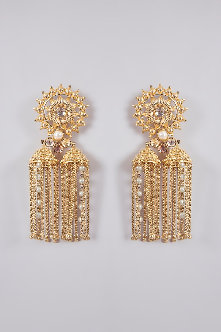 Gold Finish Kundan Polki Long Tassel Earrings by Aura Trends at Pernia's Pop Up Shop