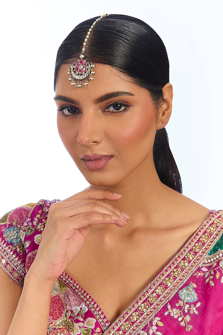 Gold Finish Kundan Polki & Pink Stone Maangtikka by Aura Trends at Pernia's Pop Up Shop