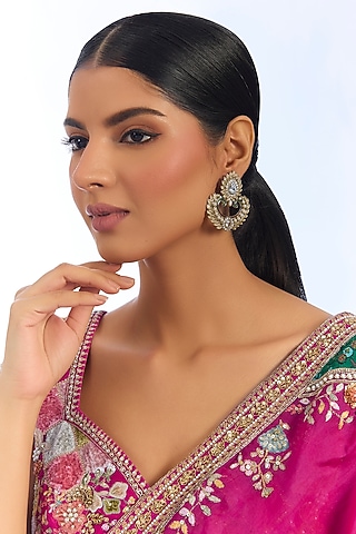 Silver Finish Kundan Polki Chandbali Earrings by Aura Trends