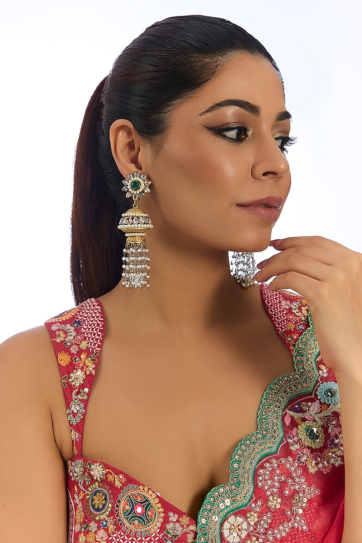 Gold Finish Kundan Polki & Green Stone Jhumka Earrings by Auraa Trends at Pernia's Pop Up Shop