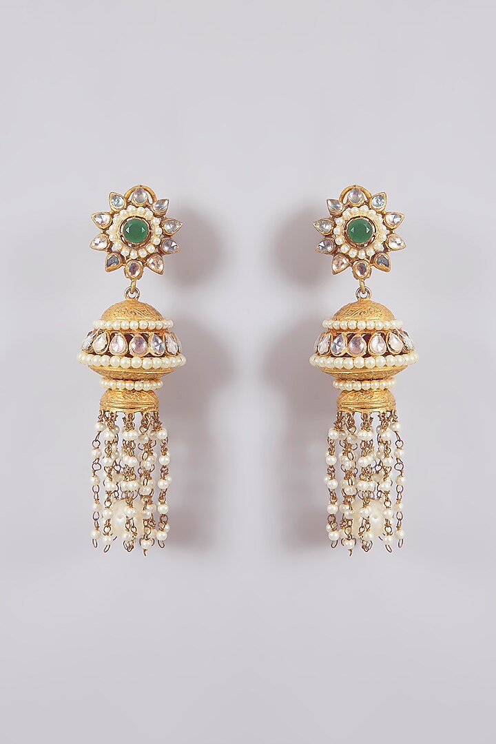 Gold Finish Kundan Polki & Green Stone Jhumka Earrings by Aura Trends at Pernia's Pop Up Shop