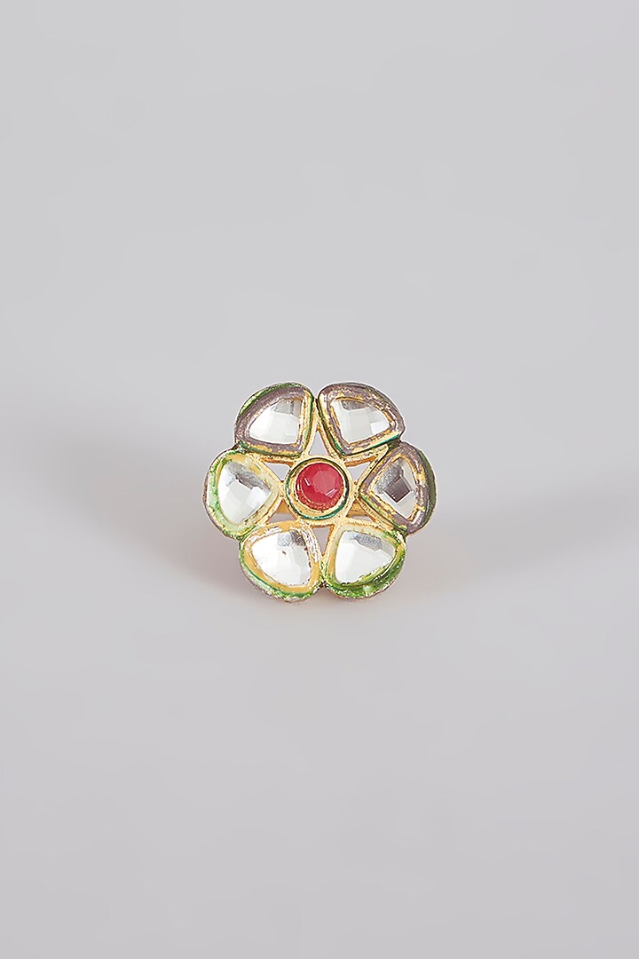 Gold Finish Kundan Polki & Red Stone Ring by Aura Trends at Pernia's Pop Up Shop
