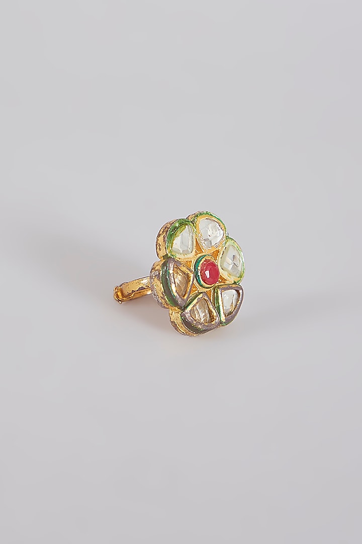Gold Finish Kundan Polki & Red Stone Ring by Aura Trends at Pernia's Pop Up Shop
