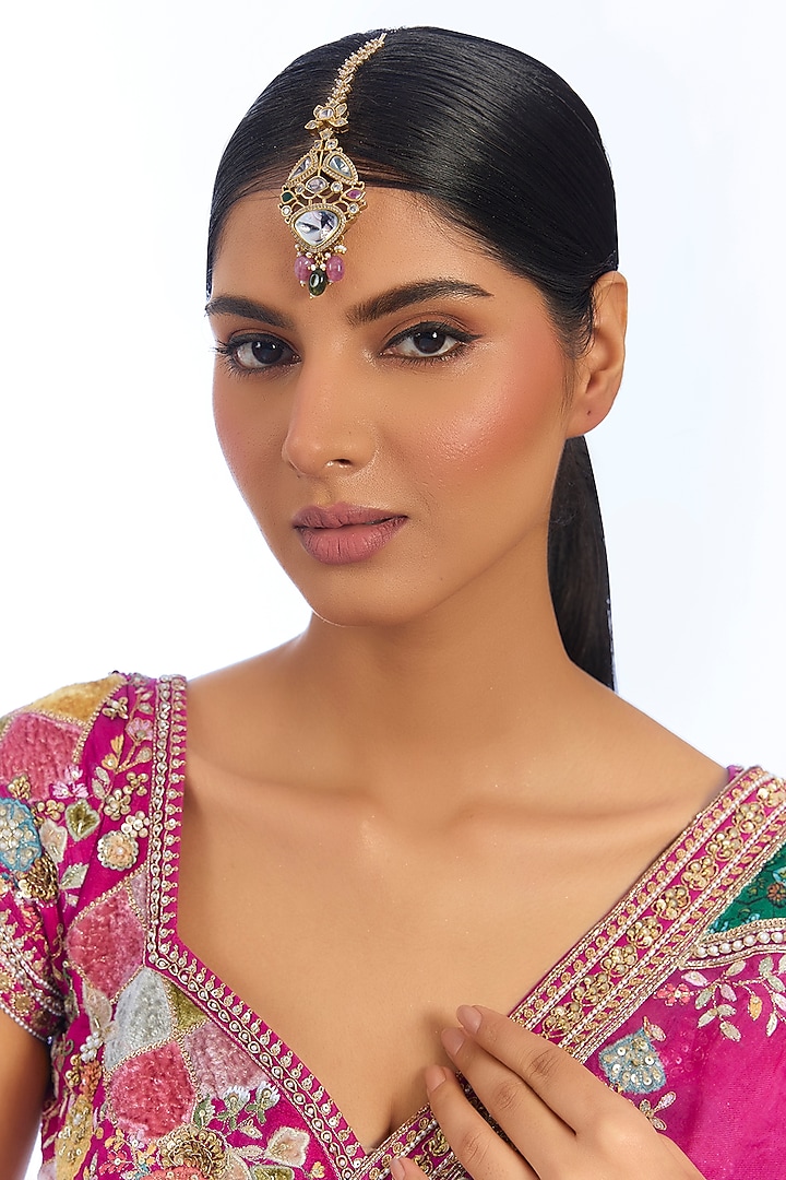 Gold Finish Kundan Polki & Multi-Colored Stone Maangtikka by Aura Trends at Pernia's Pop Up Shop