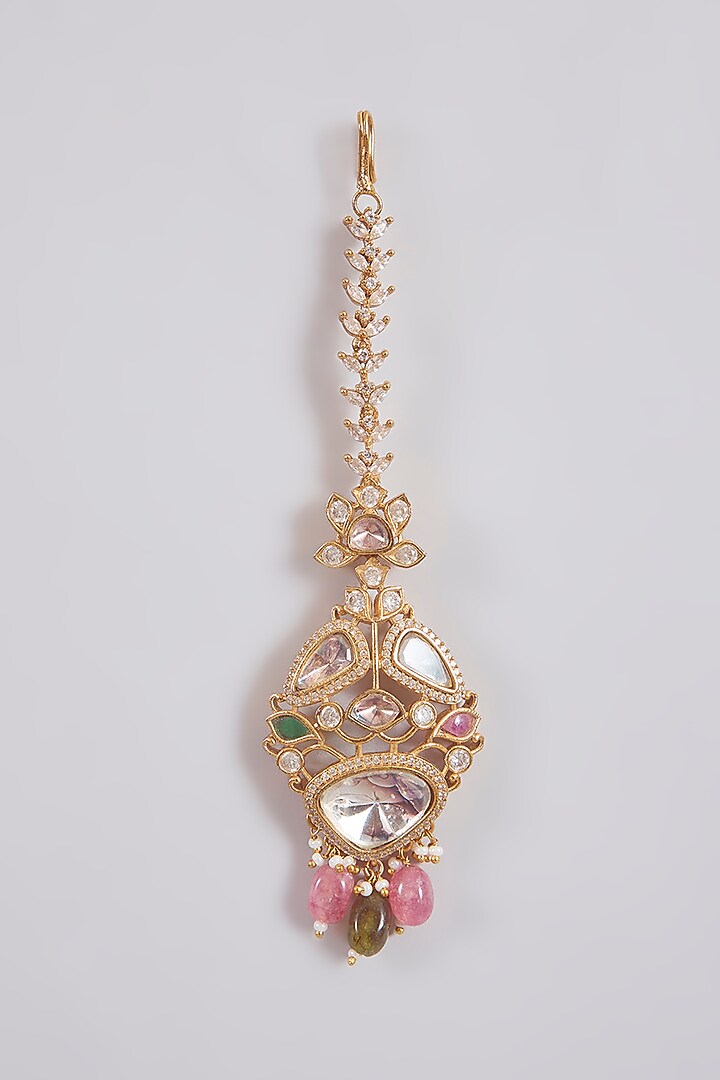 Gold Finish Kundan Polki & Multi-Colored Stone Maangtikka by Aura Trends at Pernia's Pop Up Shop