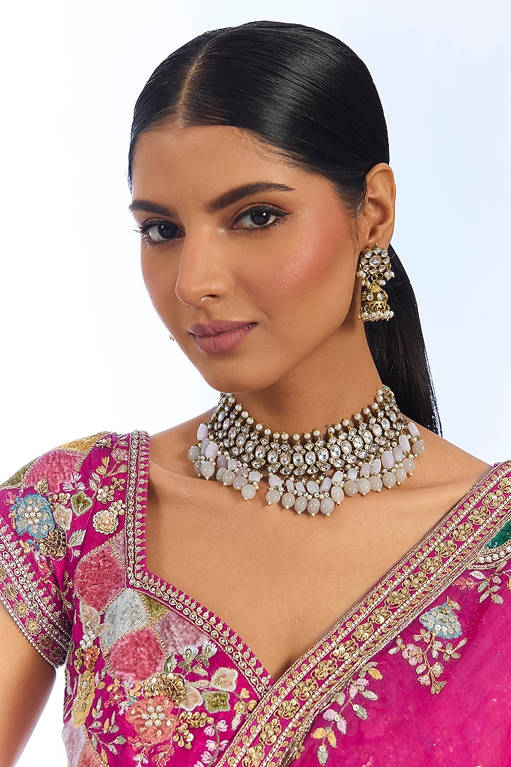 Silver Finish Kundan Polki & Green Stone Choker Necklace Set by Auraa Trends at Pernia's Pop Up Shop