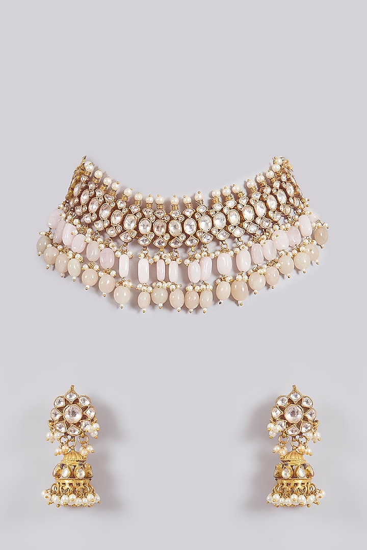 Silver Finish Kundan Polki & Green Stone Choker Necklace Set by Aura Trends at Pernia's Pop Up Shop
