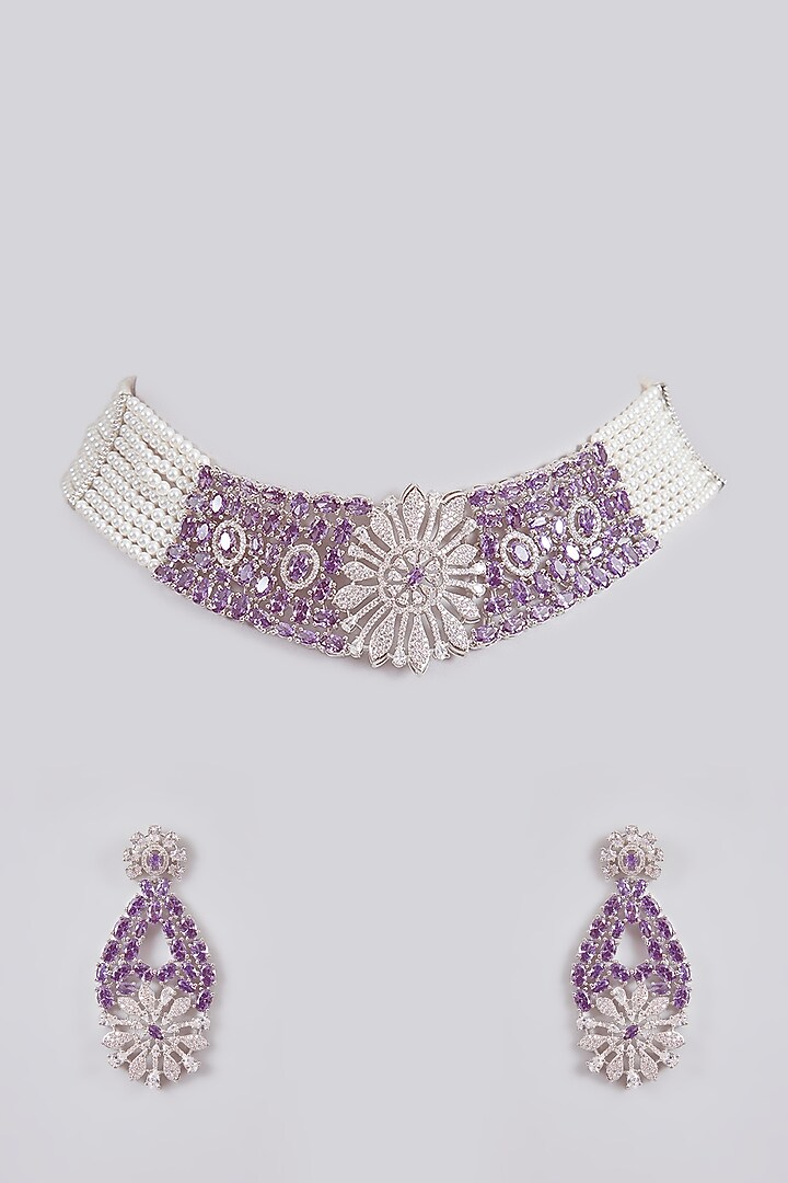 Silver Finish White & Purple Stone Floral Choker Necklace Set by Aura Trends at Pernia's Pop Up Shop