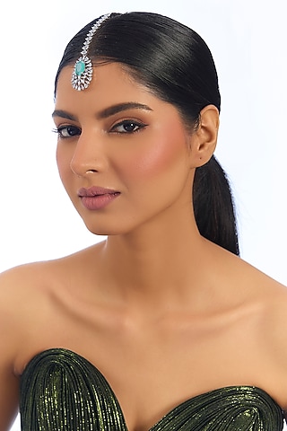 Silver Finish Pearl & Blue Stone Maangtikka by Aura Trends