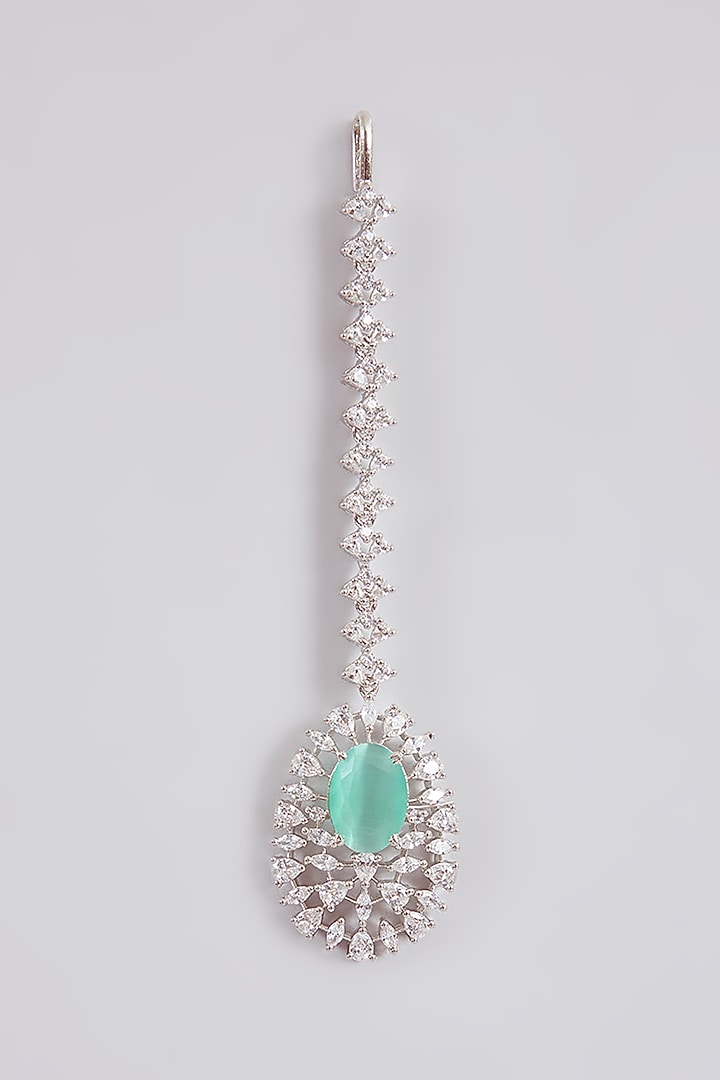 Silver Finish Pearl & Blue Stone Maangtikka by Aura Trends at Pernia's Pop Up Shop