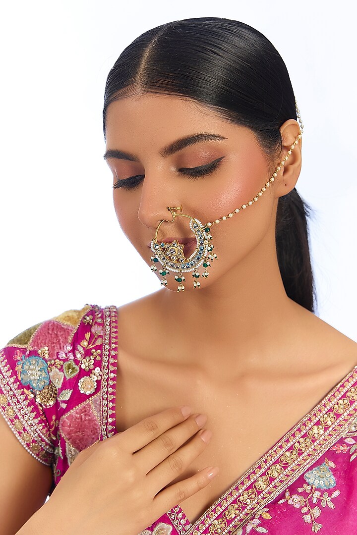 Gold Finish Kundan Polki & Green Pearl Floral Nath With Chain by Auraa Trends at Pernia's Pop Up Shop