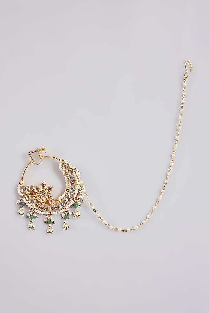 Gold Finish Kundan Polki & Green Pearl Floral Nath With Chain by Aura Trends at Pernia's Pop Up Shop