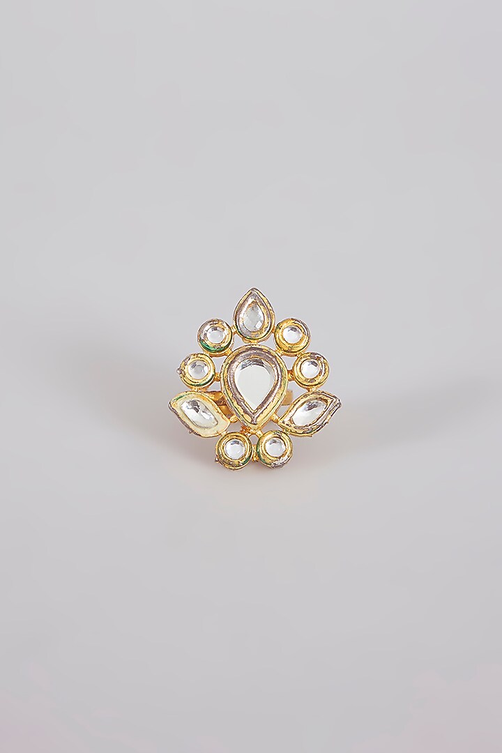 Gold Finish Kundan Polki & Pink Stone Floral Ring by Aura Trends at Pernia's Pop Up Shop