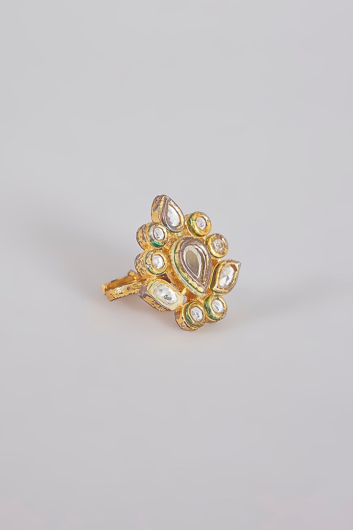 Gold Finish Kundan Polki & Pink Stone Floral Ring by Aura Trends at Pernia's Pop Up Shop
