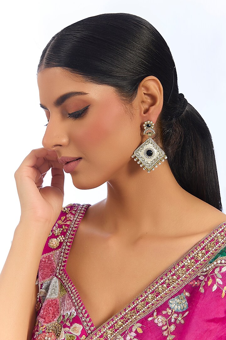 Silver Finish Kundan Polki Handcrafted Dangler Earrings by Auraa Trends at Pernia's Pop Up Shop